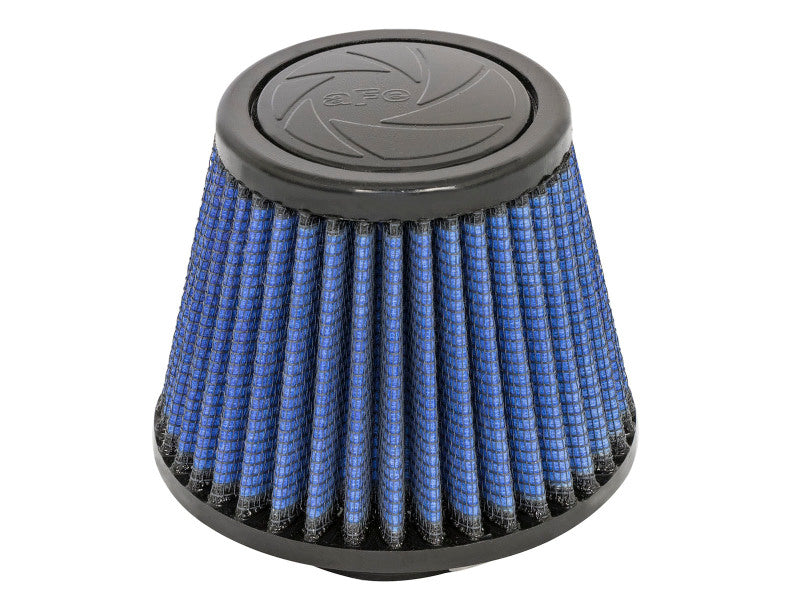 aFe MagnumFLOW Air Filter with a conical design, featuring a blue filter media and a black top, designed for improved airflow.