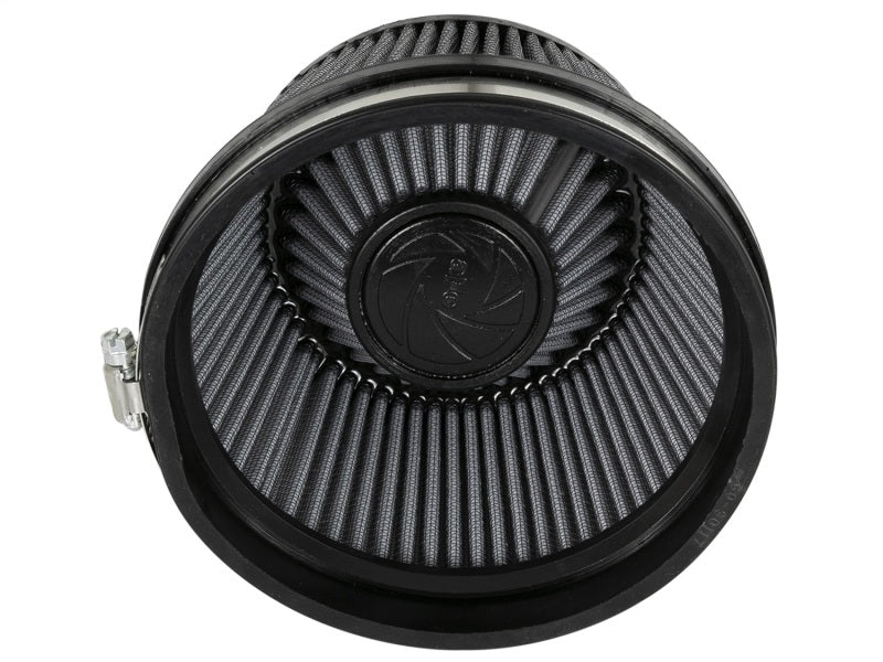 aFe Magnum FLOW Pro DRY S Universal Air Filter featuring a cylindrical design with a black and gray pleated filter element.