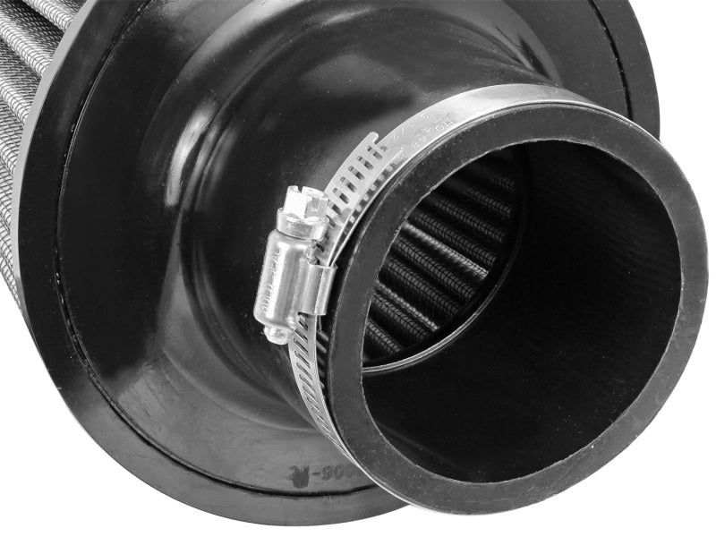 aFe MagnumFLOW Air Filter with a cylindrical design and metal mesh, featuring a clamp for secure attachment.