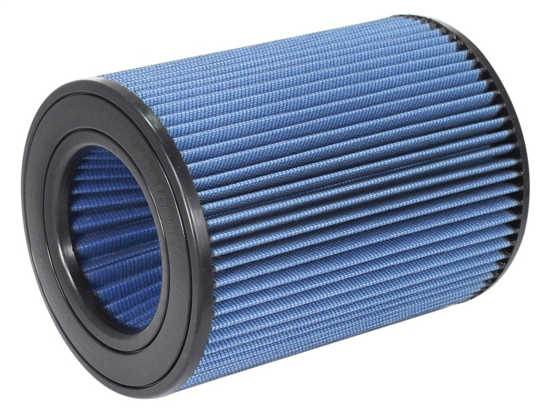 aFe MagnumFLOW Air Filter with a blue pleated design, measuring 4 inches in diameter and 11 inches in height, ideal for enhanced airflow.