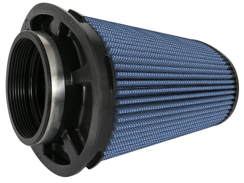 aFe Magnum FLOW Pro 5R clamp-on air filter featuring a blue filter media and black rubber base for enhanced airflow and performance.