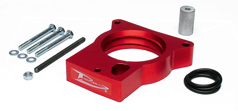 Airaid PowerAid throttle body spacer for 96-00 Chevy GMC C/K 350 Vortec, featuring red aluminum construction and installation hardware.