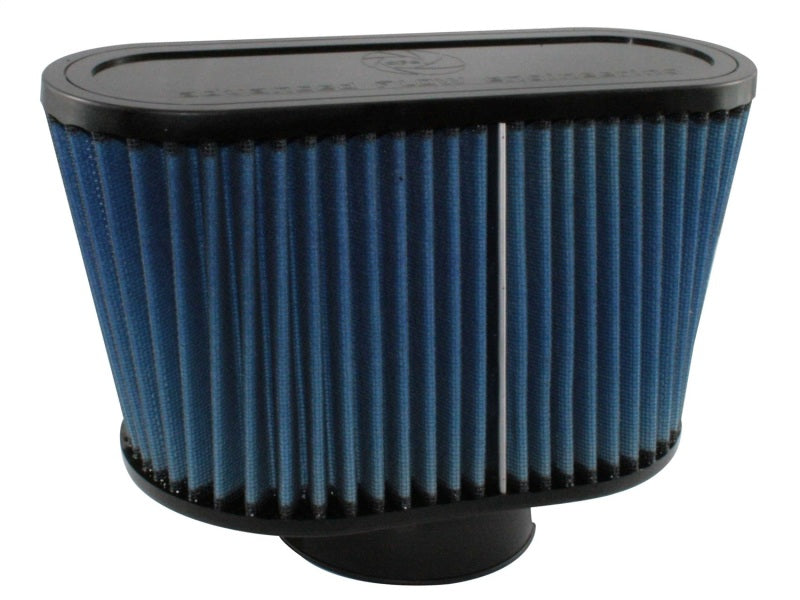 aFe MagnumFLOW Air Filter featuring a blue pleated design, optimized for enhanced airflow and engine performance.