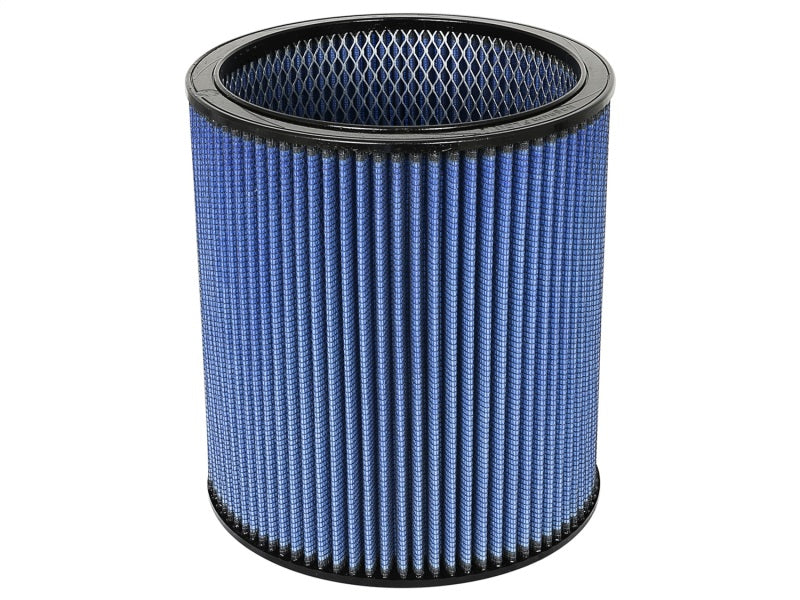aFe MagnumFLOW Round Racing Air Filter with blue pleated design, measuring 9 inches OD, 7.50 inches ID, and 10 inches height.