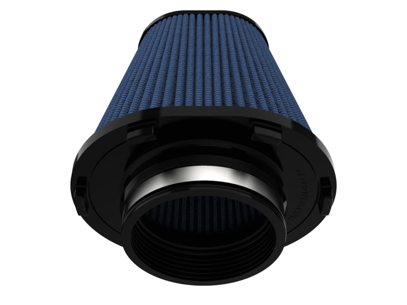 aFe MagnumFORCE air filter with Pro5R media, featuring a cylindrical design and blue filter material for enhanced airflow.