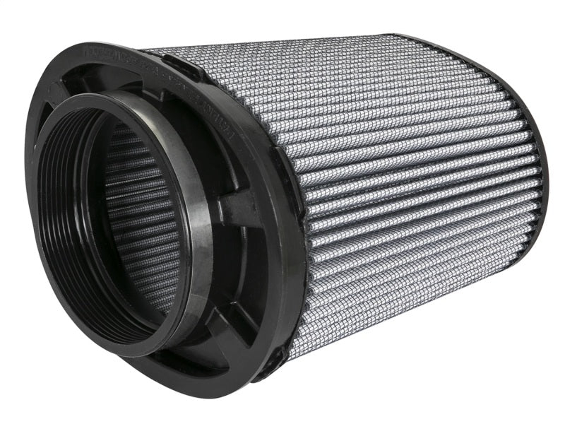 aFe MagnumFLOW Air Filter featuring a cylindrical design with a black frame and pleated filter media for enhanced airflow.