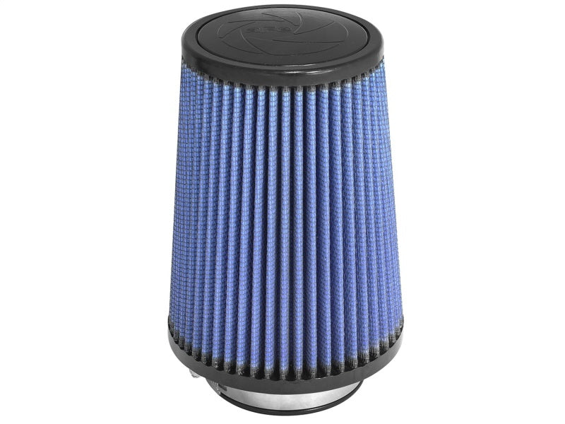 aFe MagnumFLOW Air Filter with a blue pleated design, measuring 3.5 inches in diameter and 8 inches tall, for improved airflow.