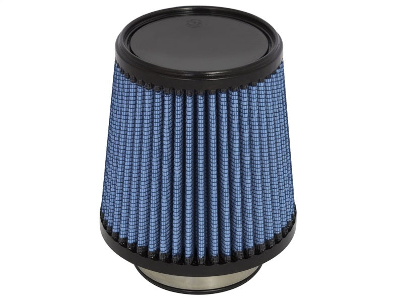 aFe MagnumFLOW Air Filter with a blue mesh design, featuring a cylindrical shape for improved airflow and performance.