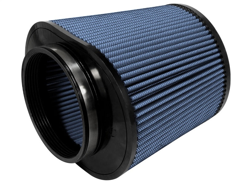 aFe MagnumFLOW Air Filter with a blue pleated design, featuring a cylindrical shape and a black plastic base for enhanced airflow.