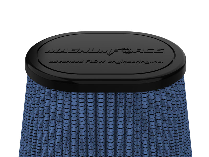 aFe MagnumFORCE air filter featuring a blue mesh design, designed for enhanced airflow and performance in vehicles.