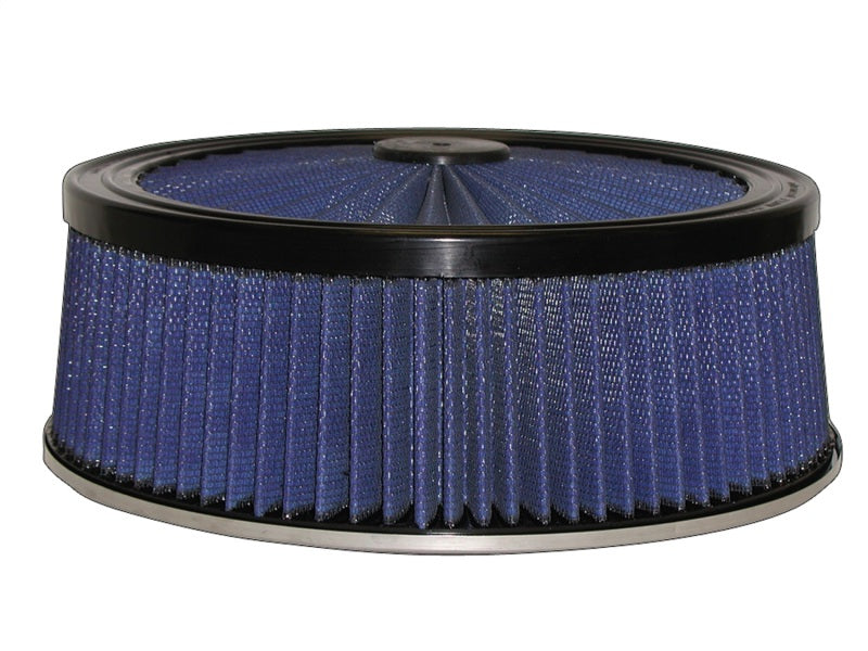 aFe MagnumFLOW Round Racing Air Filter featuring a black and blue design, measuring 14 inches in diameter and 5 inches high.