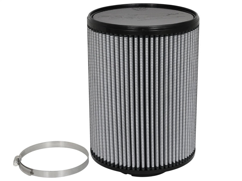 aFe MagnumFLOW Air Filter with a cylindrical design, featuring pleated media and a metal clamp for secure installation.