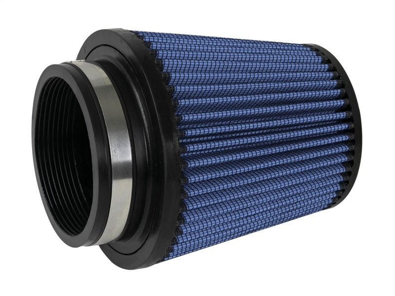 aFe MagnumFLOW Air Filter featuring a blue pleated design, designed for enhanced airflow and engine performance.