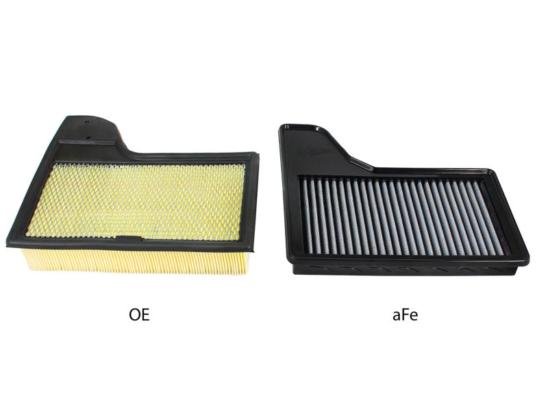 aFe MagnumFLOW PRO Dry S air filter comparison for 2015 Ford Mustang L4, V6, V8, highlighting improved airflow and filtration.