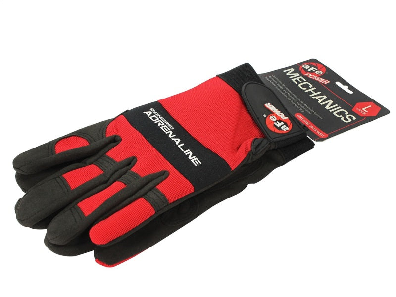 aFe Power promotional mechanics gloves in large, featuring a red and black design for durability and grip. Ideal for automotive work.