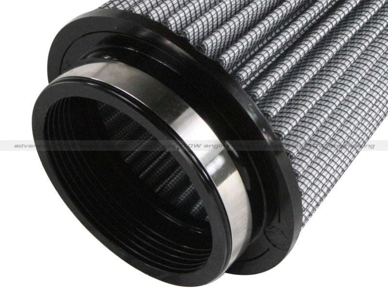 aFe MagnumFORCE Pro Dry S air filter with a cylindrical design, featuring a durable mesh exterior and a black rubber base.