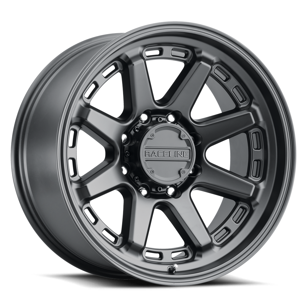 Matte black Raceline 947B Scout wheel featuring a multi-spoke design, ideal for trucks and off-road vehicles.