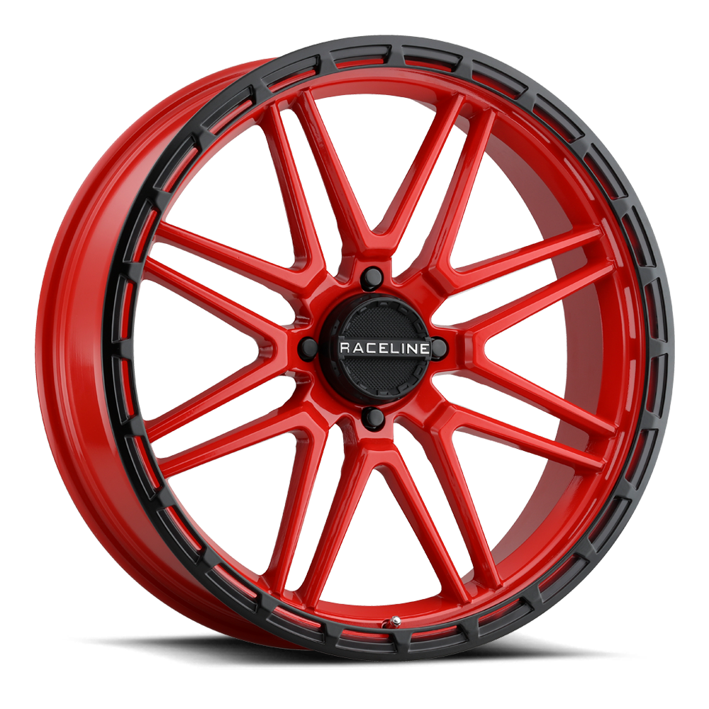 A11R Krank XL wheel featuring a bold red finish with black accents, designed for trucks and SUVs.
