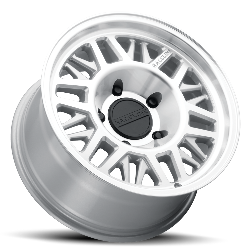 Raceline 451MC Ryno TR wheel featuring a sleek silver finish and intricate spoke design for offroad vehicles.